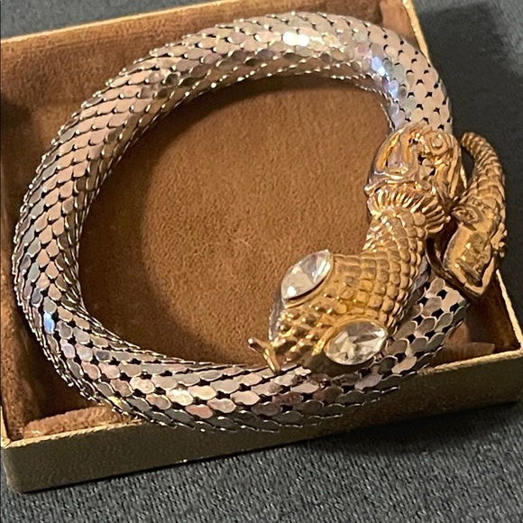 Vintage Jewelry - Vintage Gold & Silver Mesh Rhinestone Eye Snake Wrap Bracelet